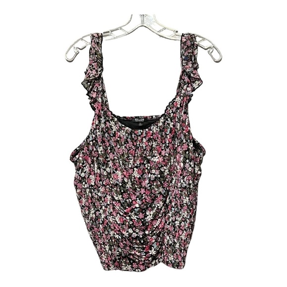 Willow Floral Mesh Top Plus-Size Ruffle Lace Smocked Ruched Sleeveless Blouse 3X - Picture 1 of 4